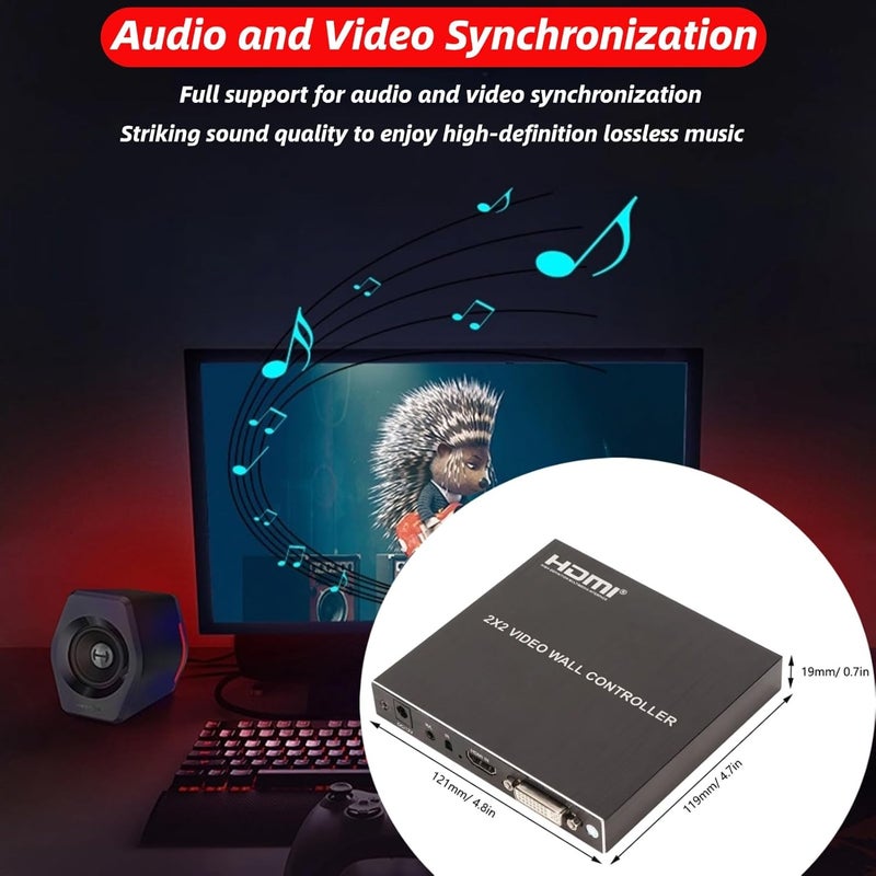 EIMSOAH 2x2 HDMI Video Wall Controller, Ultra HD 4 Channel DVI TV Wall Video multiviewer, 180° Rotating HDMI Splicing Display Processor with Remote for Laptop PC Computers, DVD Players(US) - Image 3